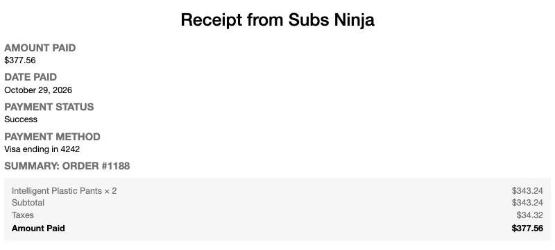 A WooCommerce order receipt showing the amount paid, date paid, payment status, payment method, the order items, taxes, and the total